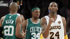 Kobe Bryant en primer plano. Por detr&aacute;s, Ray Allen y Paul Pierce.