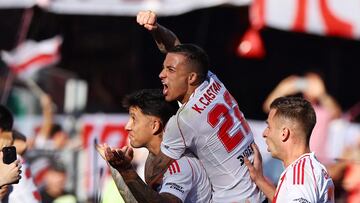Soccer Football - Argentine Primera Division - River Plate v Boca Juniors - Estadio Mas Monumental, Buenos Aires, Argentina - April 27, 2025 River Plate's Sebastian Driussi celebrates scoring their second goal with Kevin Castano REUTERS/Agustin Marcarian