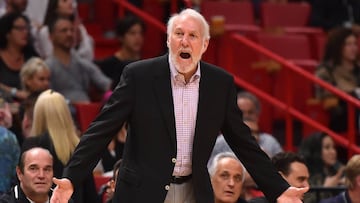Oct 25, 2017; Miami, FL, USA; San Antonio Spurs head coach Gregg Popovich reacts in the game against the Miami Heat during the second half at American Airlines Arena. Mandatory Credit: Jasen Vinlove-USA TODAY Sports