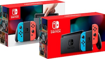 Caja de Nintendo Switch 2017 y 2018 (izquierda); nuevo modelo de 2019 de Nintendo Switch (derecha). Diferencias visuales en la propia caja.