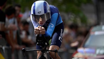Team Israel Premier Tech 's US rider Matthew Riccitello competes during the 18th stage of the Vuelta a Espana, a 26 km race against the clock between Valladolid and Valladolid, on September 11, 2025. (Photo by Miguel RIOPA / AFP)