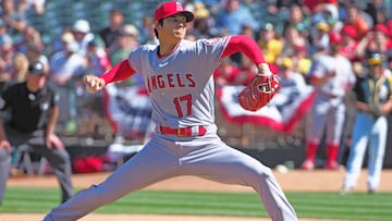 Apr 1, 2018; Oakland, CA, USA; Los Angeles Angels starting pitcher Shohei Ohtani (17) pitches the ball against the Oakland Athletics during the sixth inning at Oakland Coliseum. Mandatory Credit: Kelley L Cox-USA TODAY Sports