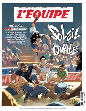 'Sol Ovalado'. El medio francés llevó en portada un dibugo con jugadores de diferentes selecciones de rugby en la previa del noveno campeonato del mundo. Quince páginas dedicadas a la edición del torneo que ganó Sudáfrica en Japón.