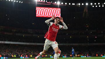 Arsenal's German midfielder #29 Kai Havertz celebrates after scoring their third goal during the English Premier League football match between Arsenal and Chelsea at the Emirates Stadium in London on April 23, 2024. (Photo by Glyn KIRK / AFP) / RESTRICTED TO EDITORIAL USE. No use with unauthorized audio, video, data, fixture lists, club/league logos or 'live' services. Online in-match use limited to 120 images. An additional 40 images may be used in extra time. No video emulation. Social media in-match use limited to 120 images. An additional 40 images may be used in extra time. No use in betting publications, games or single club/league/player publications. / 