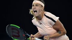 Belarus&#039; Aryna Sabalenka reacts during their women&#039;s singles first round match against Australia&#039;s Ashleigh Barty on day two of the Australian Open tennis tournament in Melbourne on January 16, 2018.