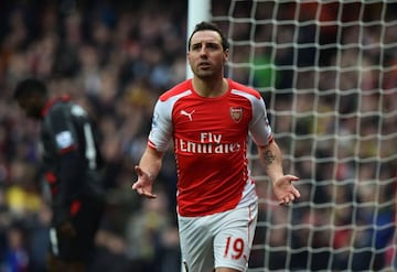 Arsenal's Spanish midfielder Santi Cazorla gestures after a missed chance during the English Premier League football match between Arsenal and Liverpool.