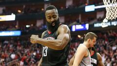 Apr 15, 2018; Houston, TX, USA; Houston Rockets guard James Harden (13) reacts after scoring as Minnesota Timberwolves forward Nemanja Bjelica (8) looks on during the third quarter in game one of the first round of the 2018 NBA Playoffs at Toyota Center. Mandatory Credit: Troy Taormina-USA TODAY Sports