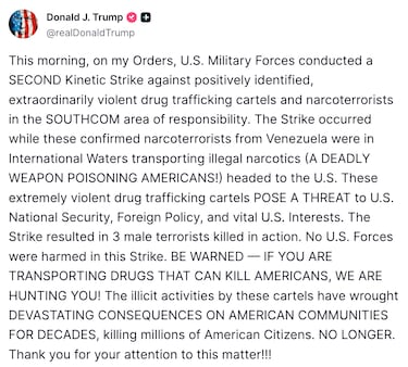 Trump anuncia la destrucción de un segundo barco venezolano: “¡Están advertidos, los estamos cazando!”