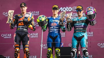 David Alonso of Colombia and CFMoto Inde Aspar Team pose on the podium after the Moto2 Race for the Qatar Airways Grand Prix of Portugal