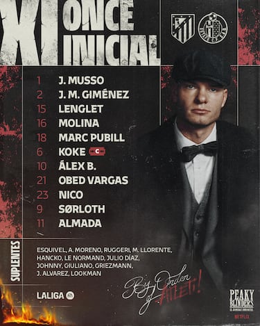 Once inicial del Atlético de Madrid al estilo 'Peaky Blinders'.