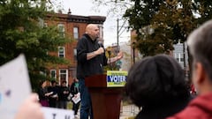 Pennsylvania's Lieutenant Governor John Fetterman speaks to supporters gathered in Dickinson Square Park in Philadelphia on October 23, 2022, as he campaigns for the US Senate.