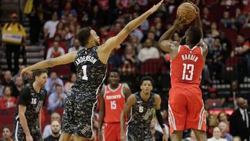 HOUSTON, TX - MARCH 12: James Harden #13 of the Houston Rockets shoots a three point basket over Kyle Anderson #1 of the San Antonio Spurs at Toyota Center on March 12, 2018 in Houston, Texas. NOTE TO USER: User expressly acknowledges and agrees that, by