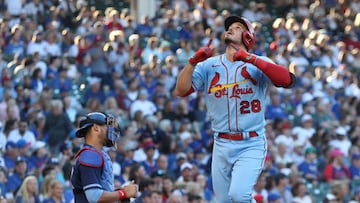 The St. Louis Cardinals' Nolan Arenado, right, celebrates after hitting a home run against the Chicago Cubs at Wrigley Field on June 12, 2021, in Chicago. (John J. Kim/Chicago Tribune/Tribune News Service via Getty Images)
