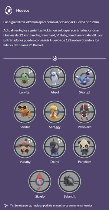 Pokémon disponibles eclosionando Huevos de 12 Km durante el evento Toma de Control del Team GO Rocket (febrero 2023) de Pokémon GO