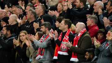 Liverpool fans clap on the 7th minute in mark or respect to Cristiano Ronaldo following the death of his new-born son during the Premier League match at Anfield, Liverpool. Picture date: Tuesday April 19, 2022. (Photo by Mike Egerton/PA Images via Getty Images)