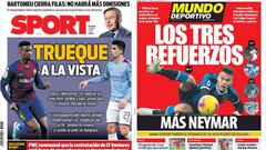 Portadas de los diarios Sport y Mundo Deportivo del d&iacute;a 12 de abril de 2020.