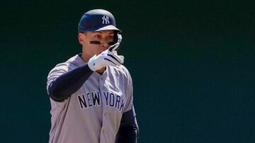 Apr 26, 2023; Minneapolis, Minnesota, USA; New York Yankees designated hitter Aaron Judge (99) celebrates his double against the Minnesota Twins during the first inning at Target Field. Mandatory Credit: Nick Wosika-USA TODAY Sports