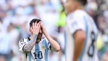 LUSAIL CITY, QATAR - NOVEMBER 22: Lionel Messi of Argentina reacts during the FIFA World Cup Qatar 2022 Group C match between Argentina and Saudi Arabia at Lusail Stadium on November 22, 2022 in Lusail City, Qatar. (Photo by Hector Vivas - FIFA/FIFA via Getty Images)