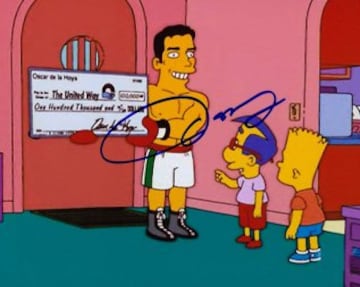El campeón mundial y hoy promotor de boxeo aparece en el capítulo de "La Casita del Terror" número 14, cuando Bart y Milhouse logran detener el tiempo. El ‘Golden Boy’ aparece en la casa Simpson y Milhouse golpea su abdomen.