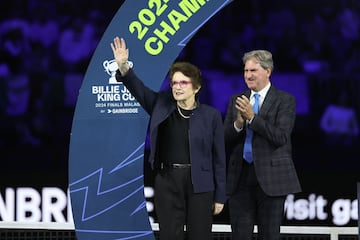 Billie Jean King (L) waves during the awards ceremony of the Billie Jean King Cup Finals at the Palacio de Deportes Jose Maria Martin Carpena arena in Malaga, southern Spain, on November 20, 2024. (Photo by Thomas COEX / AFP)