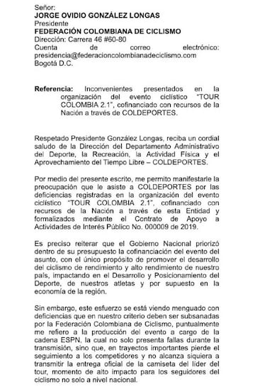 Carta de Coldeportes a la Federación Colombiana de Ciclismo.
