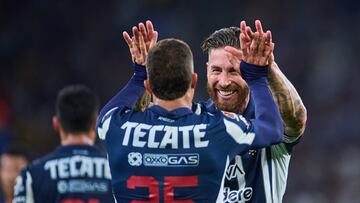 Nelson Deossa celebrates his goal 1-0 with Sergio Ramos of Monterrey during the 16th round match between Monterrey and America as part of the Liga BBVA MX, Torneo Clausura 2025 at BBVA Bancomer Stadium, on April 16, 2025 in Monterrey, Nuevo Leon, Mexico.