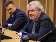 Manuel Vizcaíno, junto a Juan Cala, en la sala de prensa del Nuevo Mirandilla en la presentación de Sergio González.
