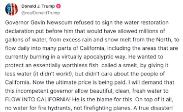 Donald Trump se lanza contra el gobernador de California, Gavin Newsom, y lo culpa de los incendios que han arrasado con el sur del Golden State.