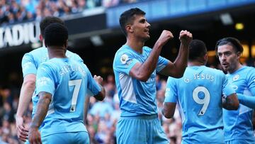 MANCHESTER, ENGLAND - MAY 08: Rodri of Manchester City celebrates scoring their side's third goal with teammates during the Premier League match between Manchester City and Newcastle United at Etihad Stadium on May 08, 2022 in Manchester, England. (P