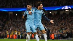  Sergio Aguero of Manchester City (L) celebrates with Leroy Sane