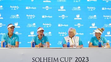 CASARES, SPAIN - SEPTEMBER 20: Captain Suzann Pettersen and vicecaptains Laura Davies, Caroline Martens and Anna Nordqvist of Team Europe attend a press conference prior to the The Solheim Cup at Finca Cortesin Golf Club on September 20, 2023 in Casares, Spain. (Photo by Angel Martinez/Getty Images)