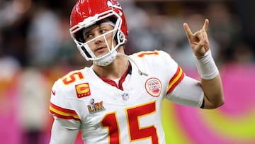 NEW ORLEANS, LOUISIANA - FEBRUARY 09: Patrick Mahomes #15 of the Kansas City Chiefs reacts in the fourth quarter against the Philadelphia Eagles during Super Bowl LIX at Caesars Superdome on February 09, 2025 in New Orleans, Louisiana. Jamie Squire/Getty Images/AFP (Photo by JAMIE SQUIRE / GETTY IMAGES NORTH AMERICA / Getty Images via AFP)