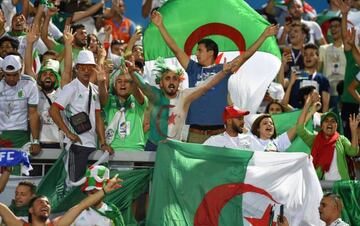 Algeria fans cheer for their team prior to the 2019 Africa Cup of Nations (CAN) Round of 16 football match between Algeria and Guinea at the 30 June Stadium in the Egyptian capital Cairo on July 7, 2019.