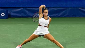 Aug 31, 2025; Flushing, NY, USA; Aryna Sabalenka of Belarus in action against Cristina Bucsa of Spain in the fourth round of the women’s singles at the US Open at Louis Armstrong Stadium in Billie Jean King National Tennis Center. Mandatory Credit: Mike Frey-Imagn Images