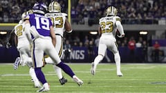 MINNEAPOLIS, MN - OCTOBER 28: Marshon Lattimore #23 of the New Orleans Saints runs with the ball after it was fumbled by Adam Thielen #19 of the Minnesota Vikings in the second quarter of the game at U.S. Bank Stadium on October 28, 2018 in Minneapolis, M