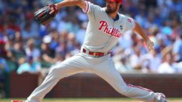 Cole Hamels durante su &uacute;ltimo partido con Philadelphia Phillies, en el que lanz&oacute; un no-hitter.
 