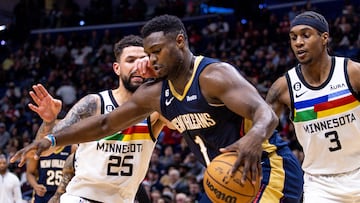 Dec 28, 2022; New Orleans, Louisiana, USA; New Orleans Pelicans forward Zion Williamson (1) dribbles against Minnesota Timberwolves guard Austin Rivers (25) and forward Jaden McDaniels (3) during the first half at Smoothie King Center. Mandatory Credit: Stephen Lew-USA TODAY Sports