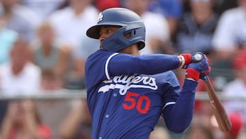 TEMPE, ARIZONA - FEBRUARY 24: Mookie Betts #50 of the Los Angeles Dodgers at bat during a spring training exhibition against the Los Angeles Angels at the Peoria Sports Complex on February 24, 2024 in Tempe, Arizona.   Steph Chambers/Getty Images/AFP (Photo by Steph Chambers / GETTY IMAGES NORTH AMERICA / Getty Images via AFP)