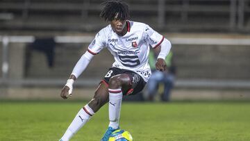 NIMES, FRANCE - January 15:  Edouardo Camavinga #18 of Rennes in action during the Nimes Olympique V Stade Rennes, French Ligue 1, regular season match at Stade des Costieres on January 15th 2020, Nimes, France (Photo by Tim Clayton/Corbis via Getty Image