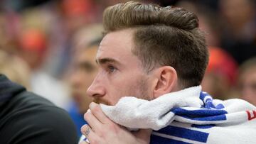 Nov 9, 2018; Salt Lake City, UT, USA; Boston Celtics forward Gordon Hayward (20) watches from the bench during the first quarter against the Utah Jazz at Vivint Smart Home Arena. Mandatory Credit: Russ Isabella-USA TODAY Sports