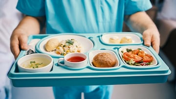 Cropped photo of nursing assistant holding meal tray in hands while standing in hospital room
