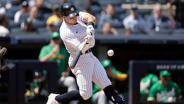 BRONX, NEW YORK - MAY 10: Anthony Volpe #11 of the New York Yankees connects on his fifth inning grand slam home run against the Oakland Athletics at Yankee Stadium on May 10, 2023 in Bronx, New York. Jim McIsaac/Getty Images/AFP (Photo by Jim McIsaac / GETTY IMAGES NORTH AMERICA / Getty Images via AFP)