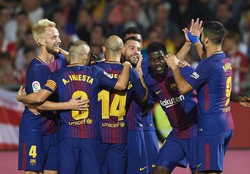 Barcelona's players celebrate going ahead.