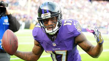 Nov 6, 2016; Baltimore, MD, USA; Baltimore Ravens wide receiver Mike Wallace (17) reacts after scoring a touchdown in the first quarter against the Pittsburgh Steelers at M&T Bank Stadium. Mandatory Credit: Evan Habeeb-USA TODAY Sports
