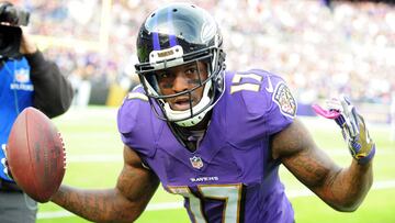 Nov 6, 2016; Baltimore, MD, USA; Baltimore Ravens wide receiver Mike Wallace (17) reacts after scoring a touchdown in the first quarter against the Pittsburgh Steelers at M&amp;T Bank Stadium. Mandatory Credit: Evan Habeeb-USA TODAY Sports