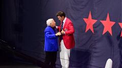 Jun 12, 2024; Foxborough, MA, USA; Team owner Robert Kraft presents Tom Brady with his red jacket during the New England Patriots Hall of Fame induction Ceremony for Tom Brady at Gillette Stadium.  Mandatory Credit: Eric Canha-USA TODAY Sports