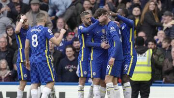Chelsea's Kai Havertz, right, celebrates with teammates after scoring his side's first goal during the English Premier League soccer match between Chelsea and Newcastle United at Stamford Bridge stadium in London, Sunday, March 13, 2022. (AP Pho