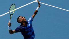 Mar 25, 2023; Miami, Florida, US; Felix Auger-Aliassime (CAN) serves against Thiago Monteiro (BRA) (not pictured) on day six of the Miami Open at Hard Rock Stadium. Mandatory Credit: Geoff Burke-USA TODAY Sports