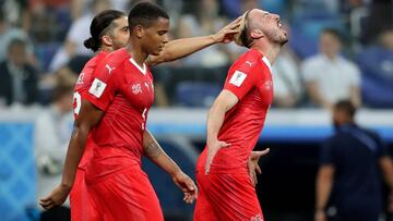 Soccer Football - World Cup - Group E - Switzerland vs Costa Rica - Nizhny Novgorod Stadium, Nizhny Novgorod, Russia - June 27, 2018 Switzerland's Josip Drmic celebrates scoring their second goal with team mates REUTERS/Ivan Alvarado