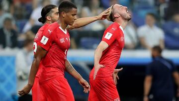 Soccer Football - World Cup - Group E - Switzerland vs Costa Rica - Nizhny Novgorod Stadium, Nizhny Novgorod, Russia - June 27, 2018   Switzerland&#039;s Josip Drmic celebrates scoring their second goal with team mates      REUTERS/Ivan Alvarado